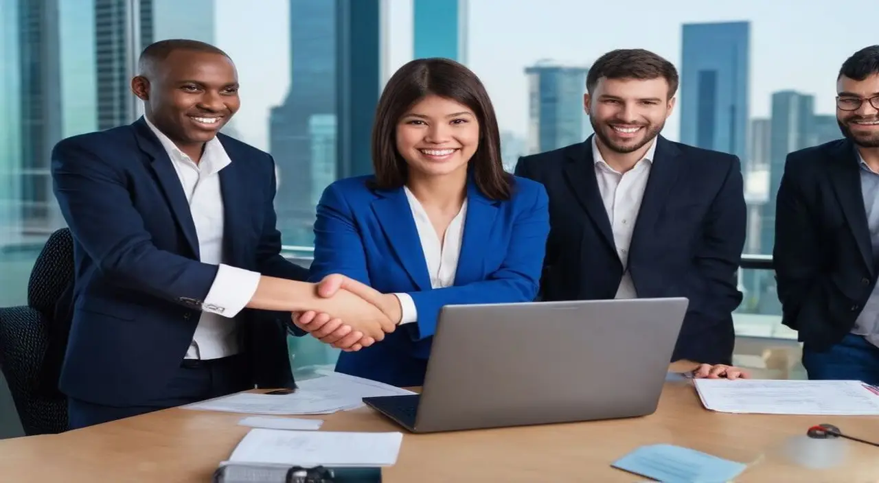 Profesional sonríe, éxito laboral y equipo diverso